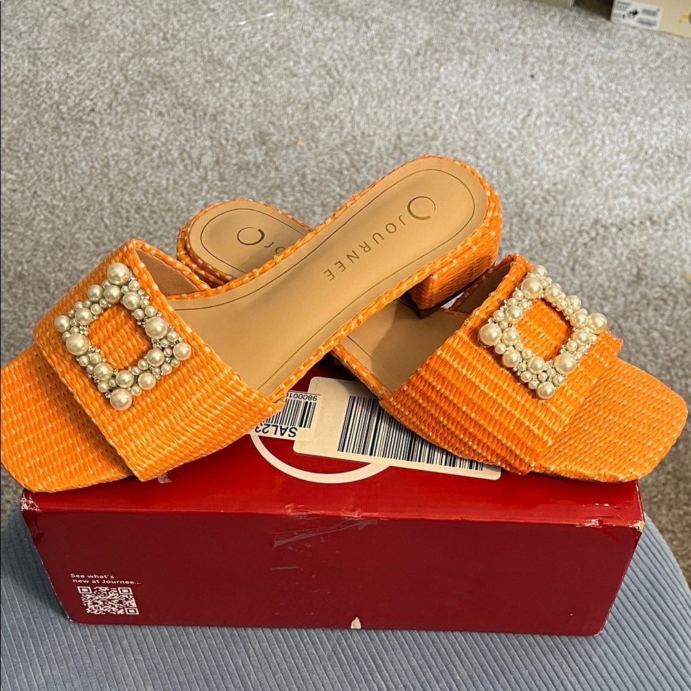 Journee Collection Orange Pearl Embellished Mules